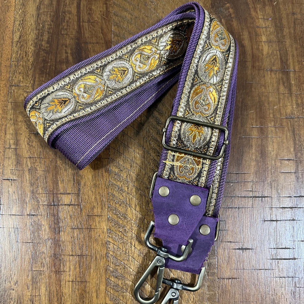 NWOT Crossbody Purple & Gold Purse Strap, Purple Leather Ends, Bronze Hardware